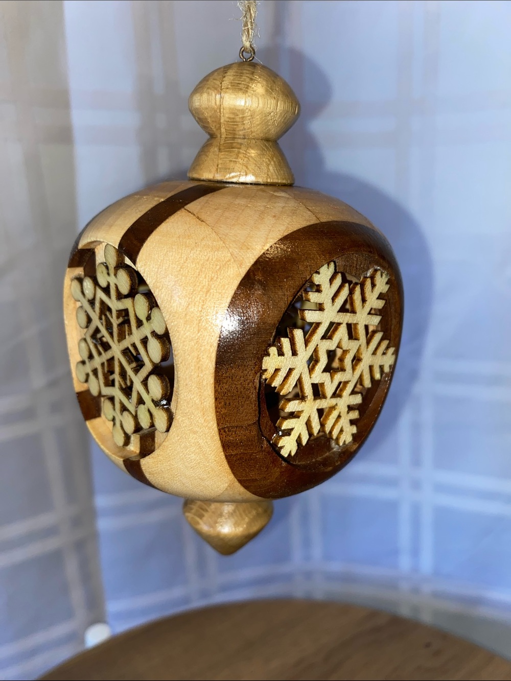 Vintage Handcrafted Wood-Turned Snowflake Holiday Ornament Natural & Dark Wood